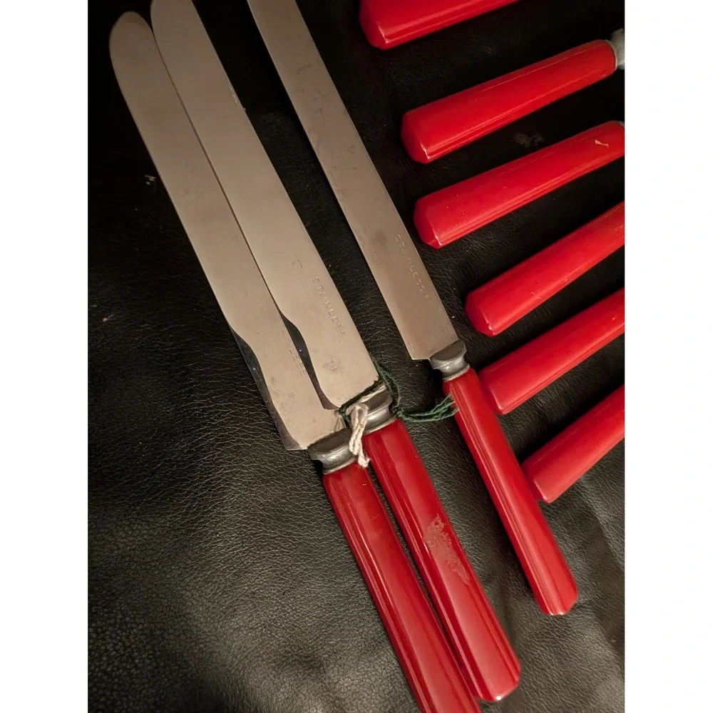 Vintage 12pc Red Bakelite Style Flatware Set Stainless Steel 6 Knives 6 Forks
